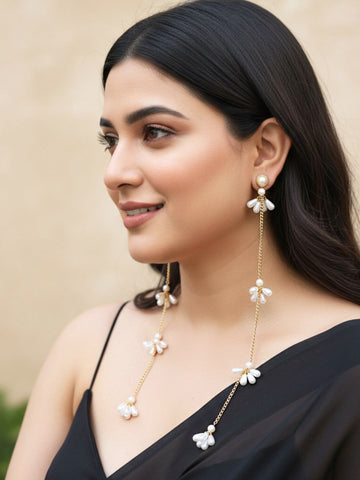 KARATCART Elegant Gold-Plated Drop Pearl Long Chain Dangler Earrings for Women