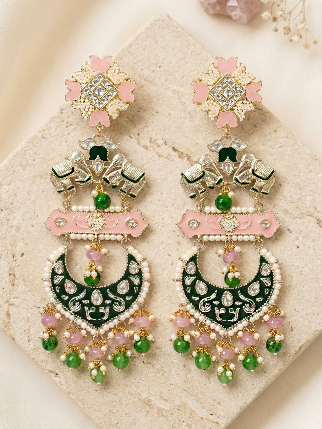KARATCART Designer Pink & Green Enamel Elephant Design Gold-Plated Kundan Dangler Earrings for Women
