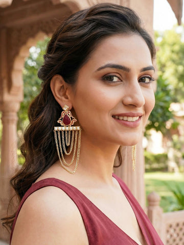 KARATCART Designer Gold-Plated Red Carved Stone Multi-Layer Chain Dangler Earrings for Women