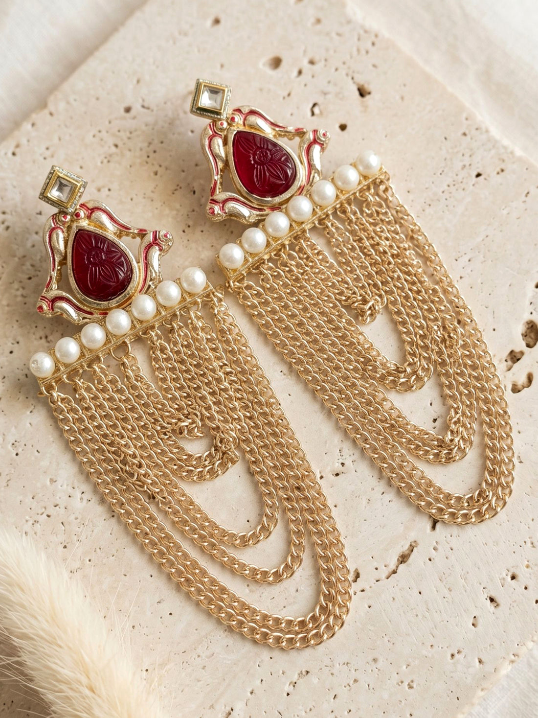 KARATCART Designer Gold-Plated Red Carved Stone Multi-Layer Chain Dangler Earrings for Women
