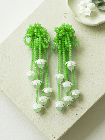 KARATCART Stylish Sea Green Crystal and Pearl Multi Strand Floral Tassel Earrings for Women