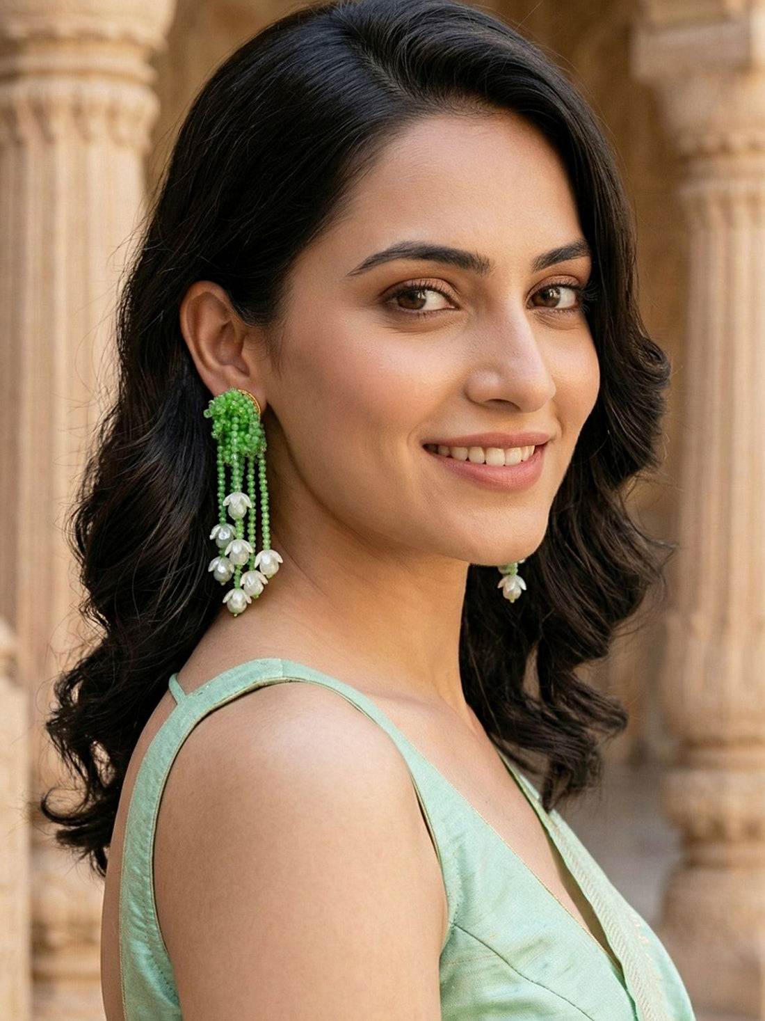 KARATCART Stylish Sea Green Crystal and Pearl Multi Strand Floral Tassel Earrings for Women