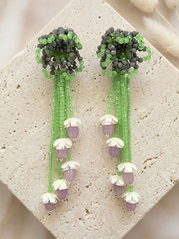 KARATCART Stylish Sea Green and Grey Crystal Multi Strand Floral Tassel Earrings for Women