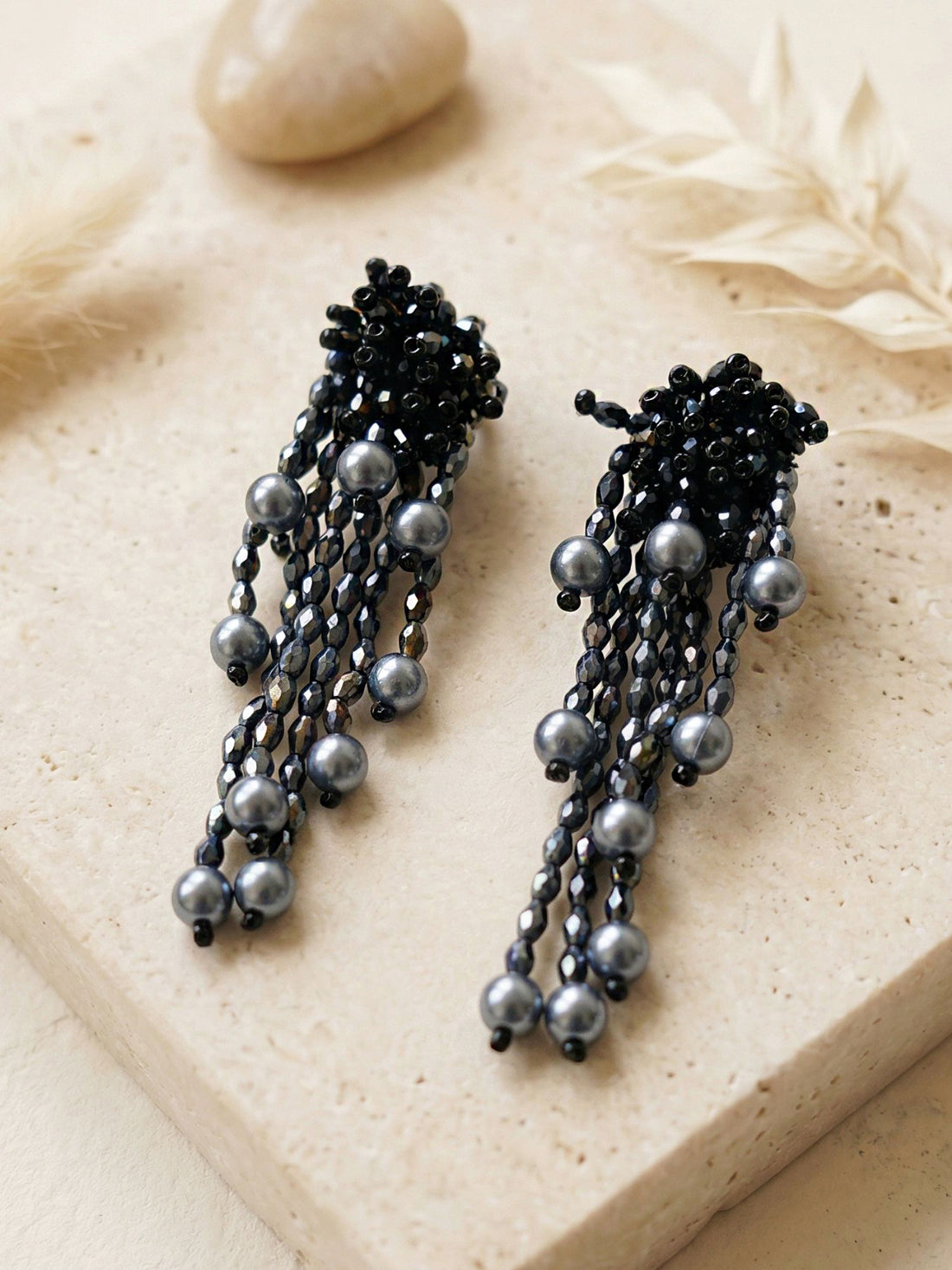 KARATCART Stylish Black Crystal and Grey Pearl Multi Strand Tassel Earrings for Women
