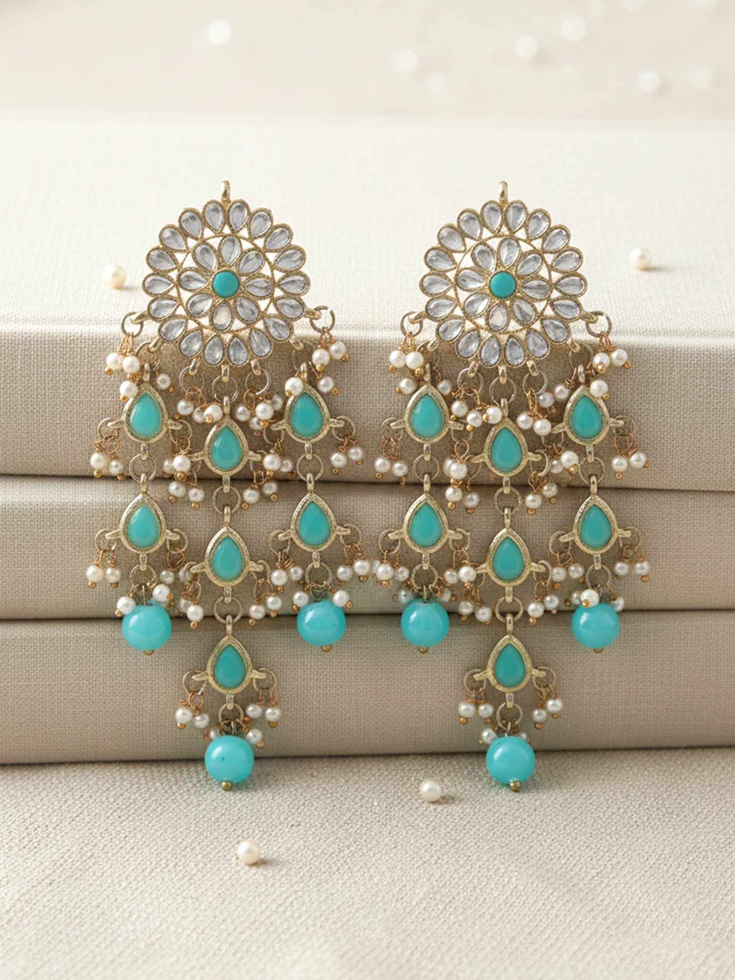 Kundan Mint Blue Tassel Earrings