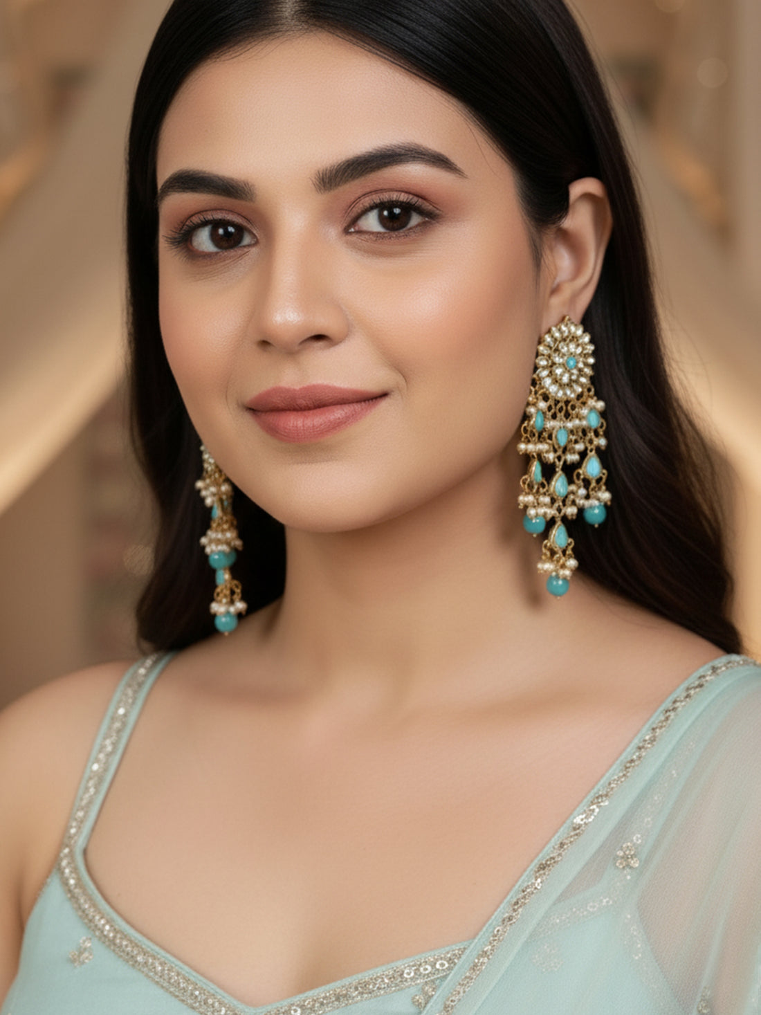 Kundan Mint Blue Tassel Earrings