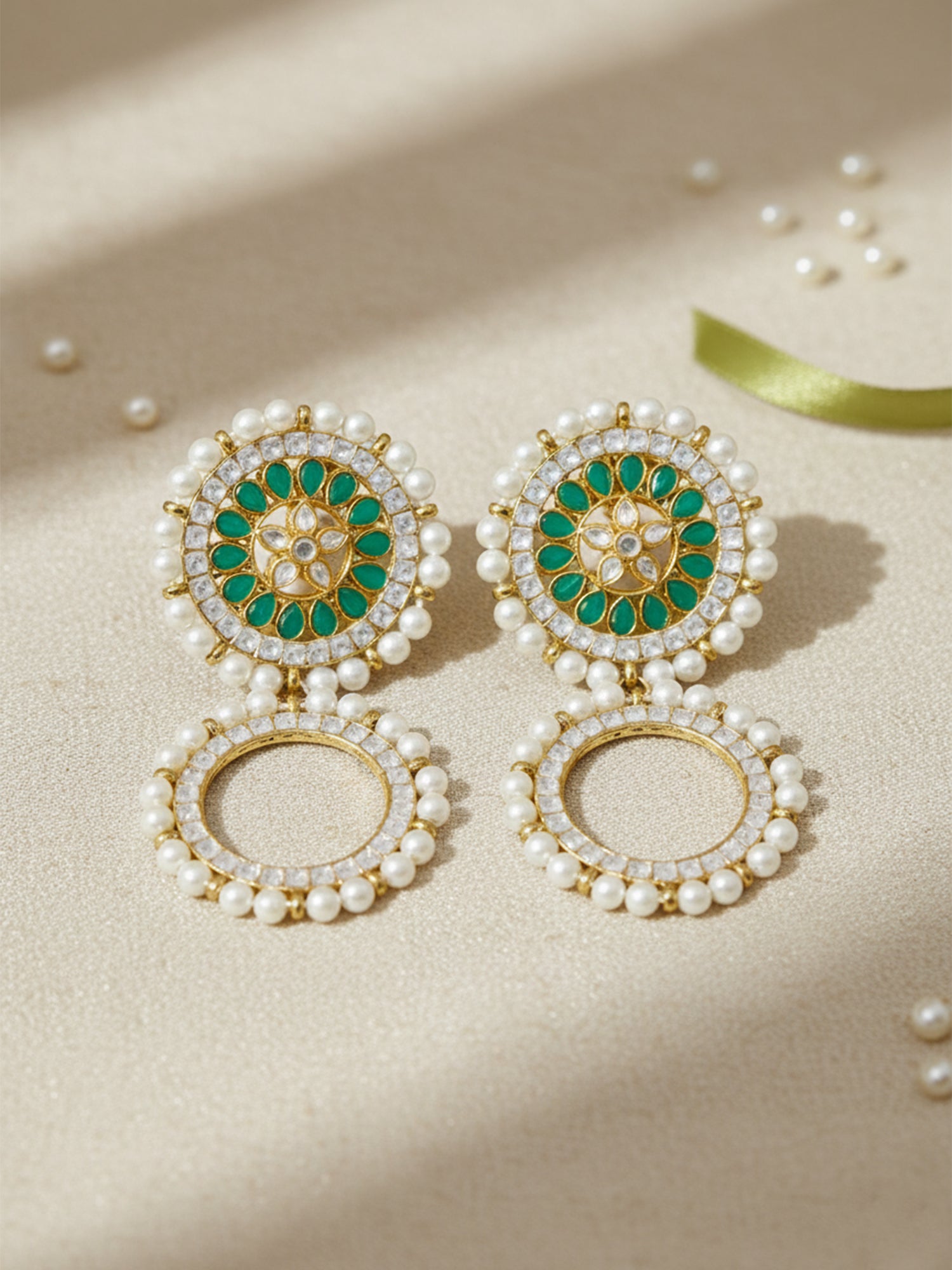 Green Kundan Hoop Earring with White Pearl Detailing