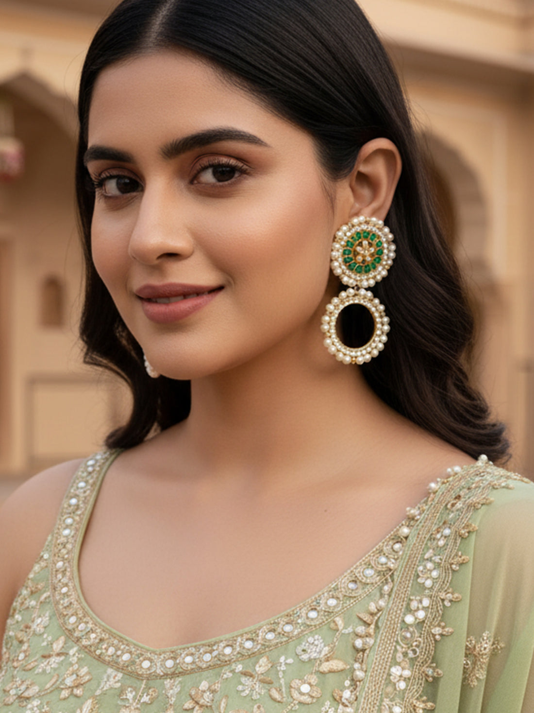 Green Kundan Hoop Earring with White Pearl Detailing