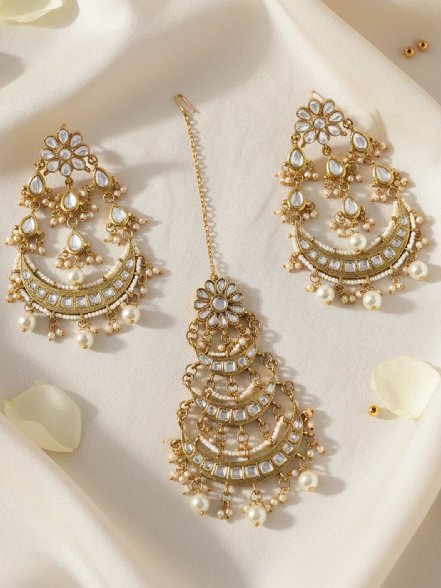Gold Plated Pearl Beads Kundan Chandbali Earrings with Maangtikka