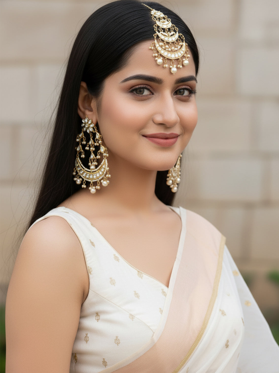 Gold Plated Pearl Beads Kundan Chandbali Earrings with Maangtikka