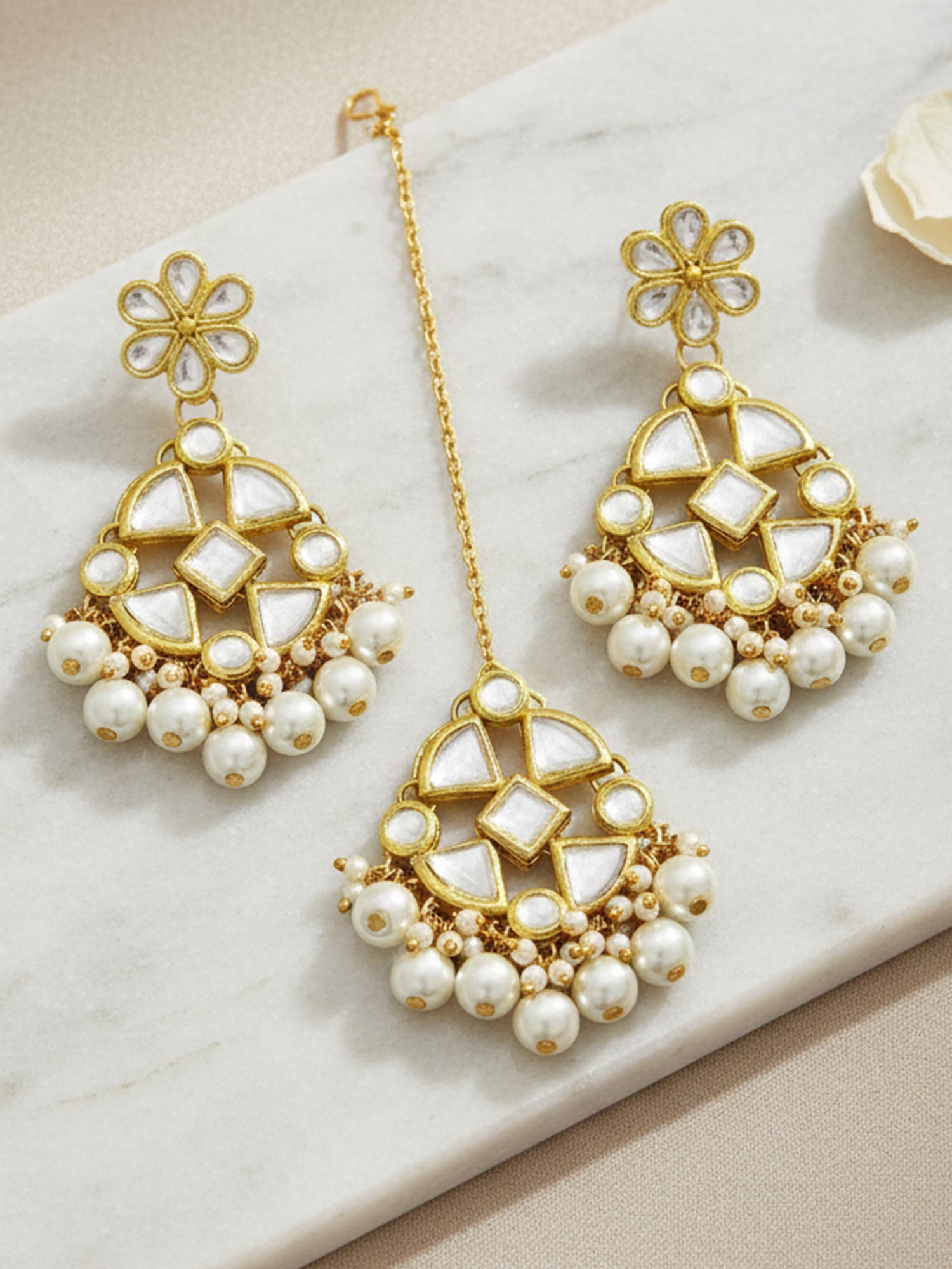 Pearl Beads Kundan Dangler Earrings with Maangtikka