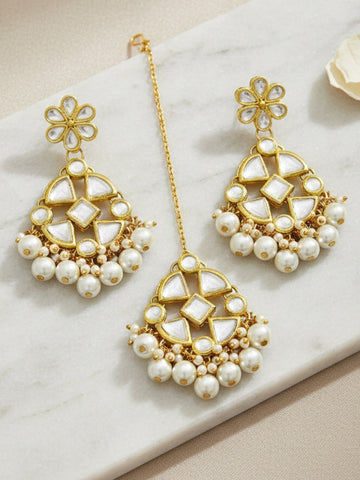 Pearl Beads Kundan Dangler Earrings with Maangtikka