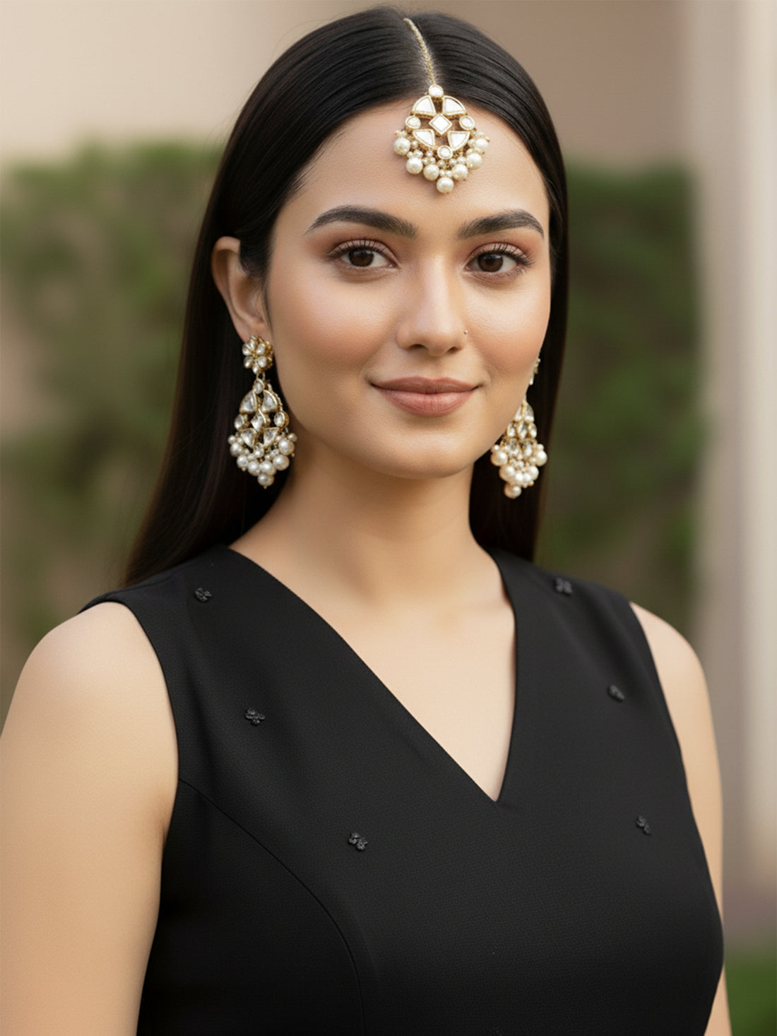 Pearl Beads Kundan Dangler Earrings with Maangtikka