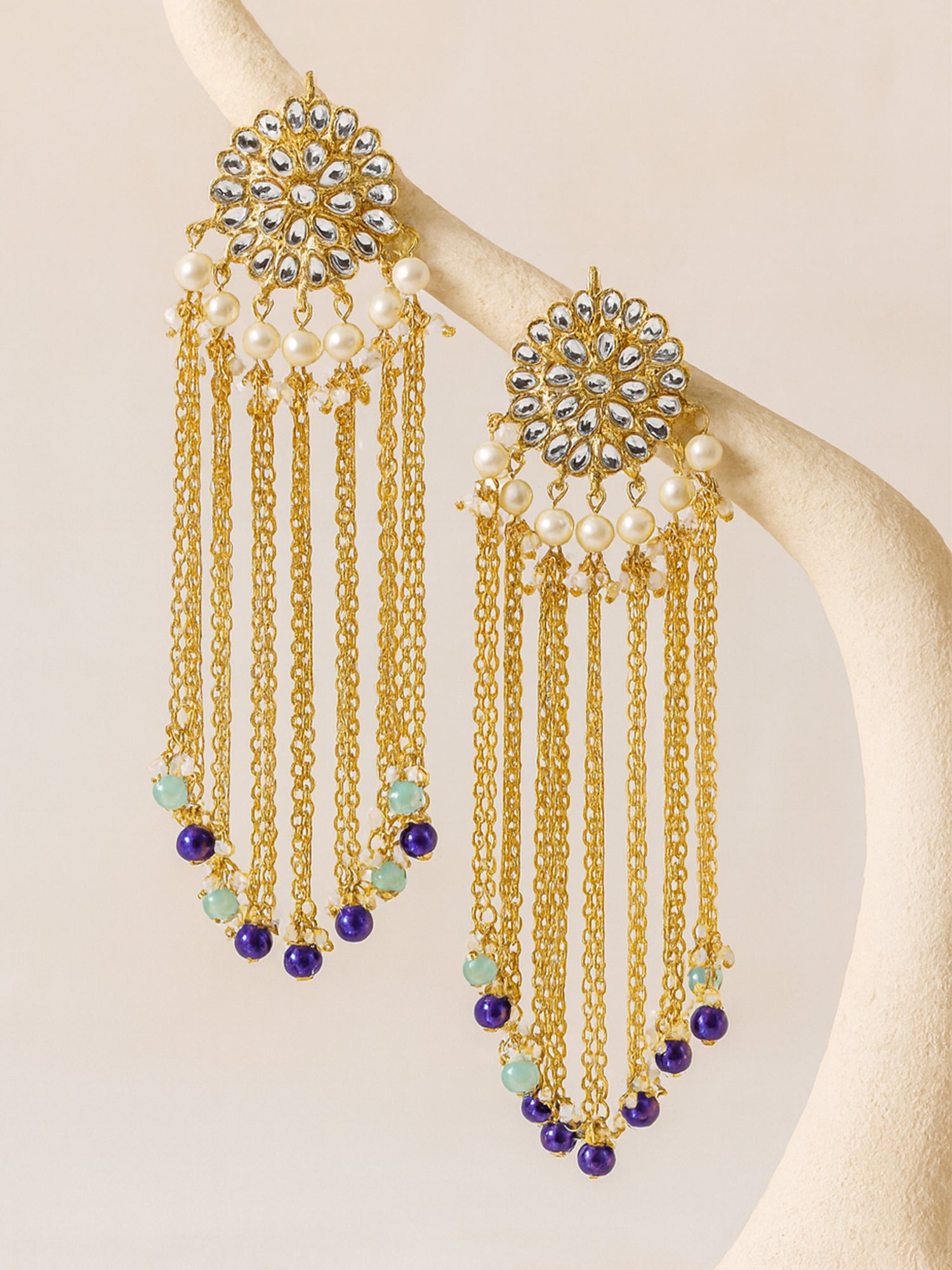 Kundan Tassel Earrings with Blue Beads