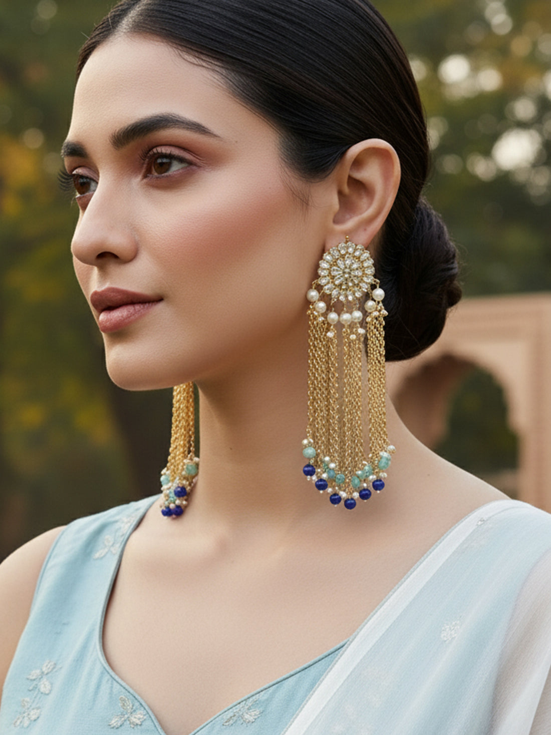Kundan Tassel Earrings with Blue Beads