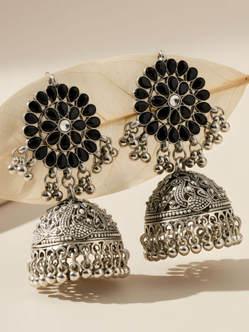 Oxidised Silver Peacock Jhumki Earrings