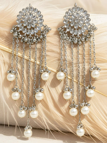 Oxidised Silver Kundan Tassel Earrings with Pearl Beads