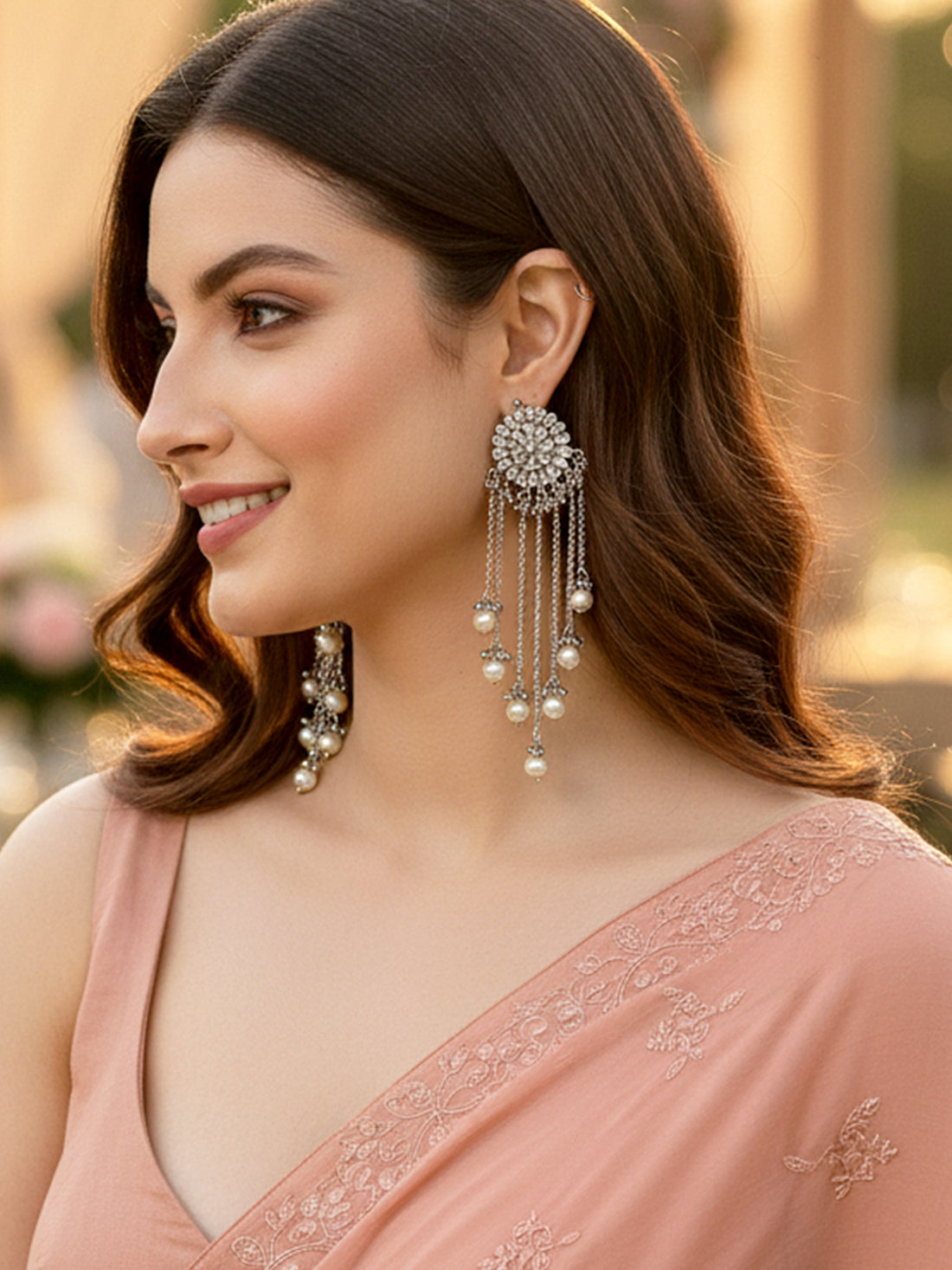 Oxidised Silver Kundan Tassel Earrings with Pearl Beads