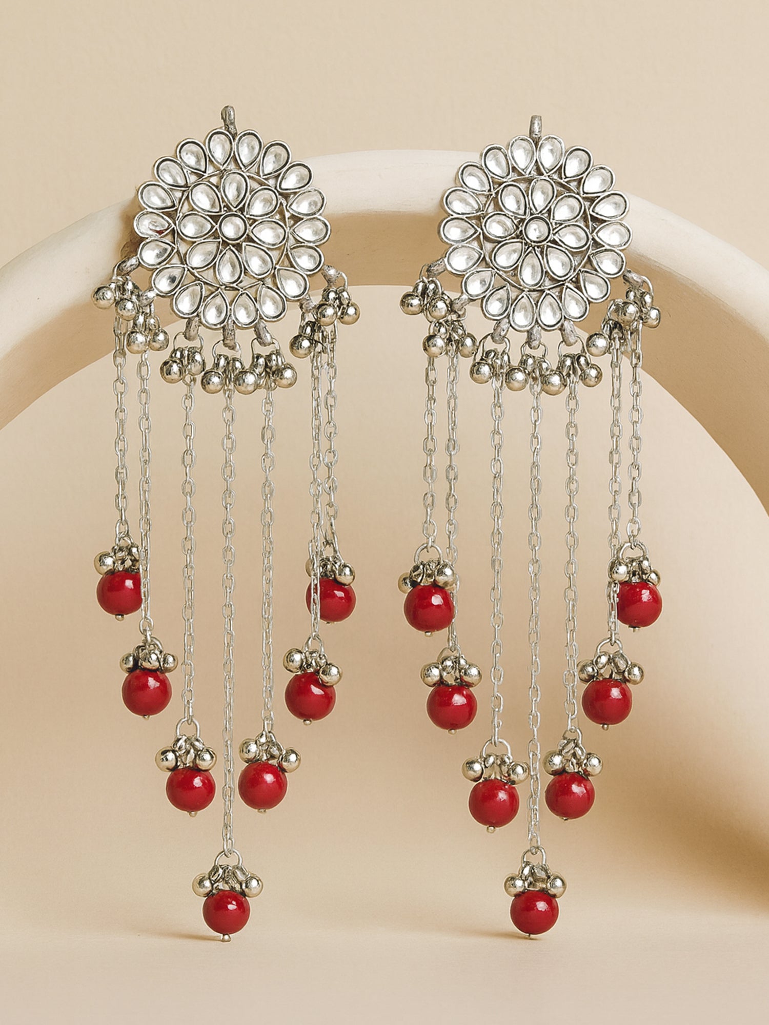 Oxidised Silver Kundan Tassel Earrings with Red Beads