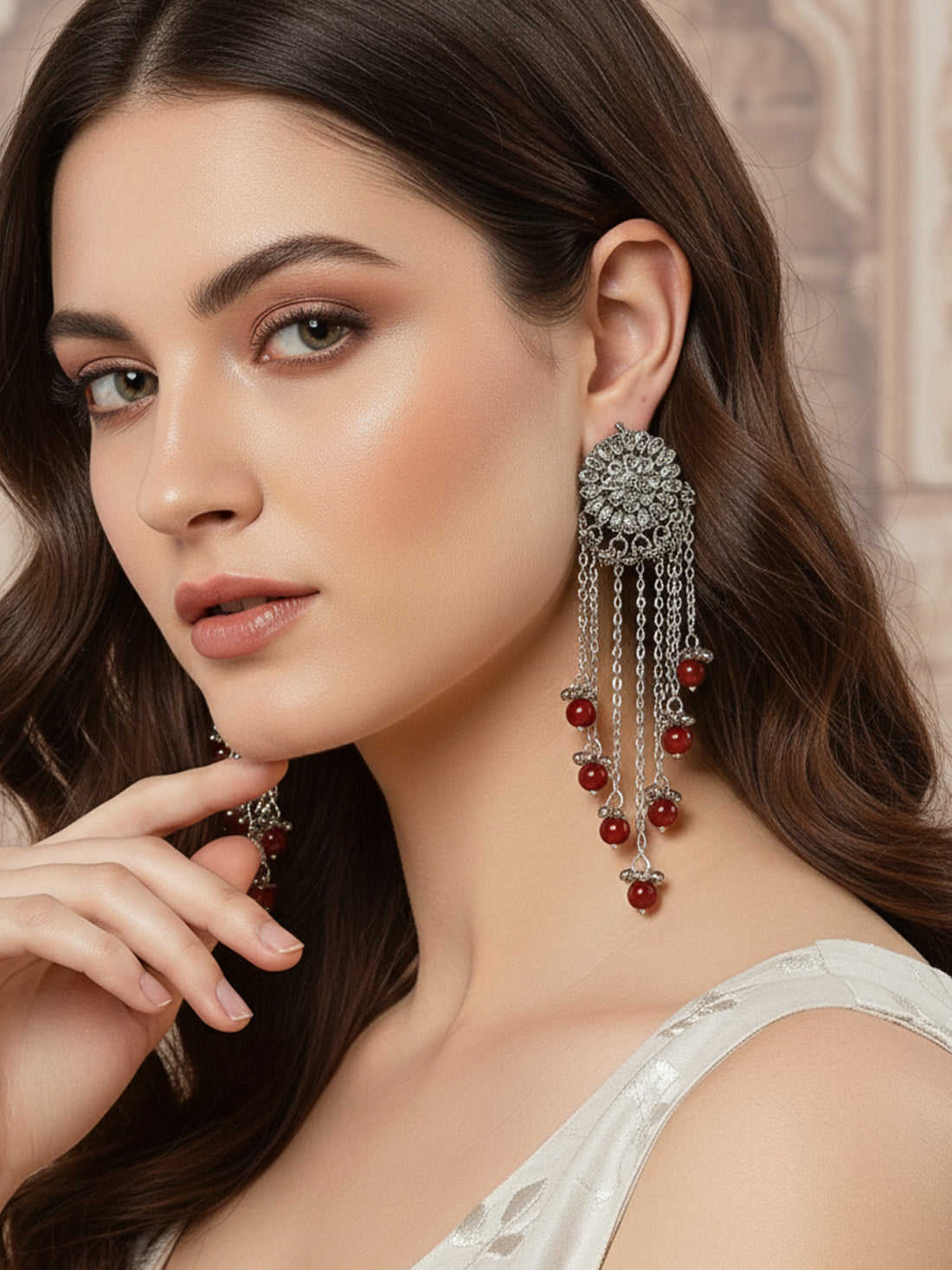 Oxidised Silver Kundan Tassel Earrings with Red Beads