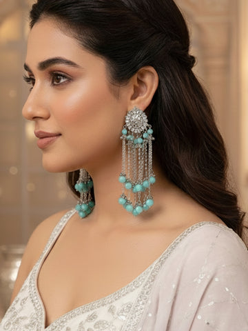 Oxidised Silver Light Blue Beads and Kundan Tassel Earrings