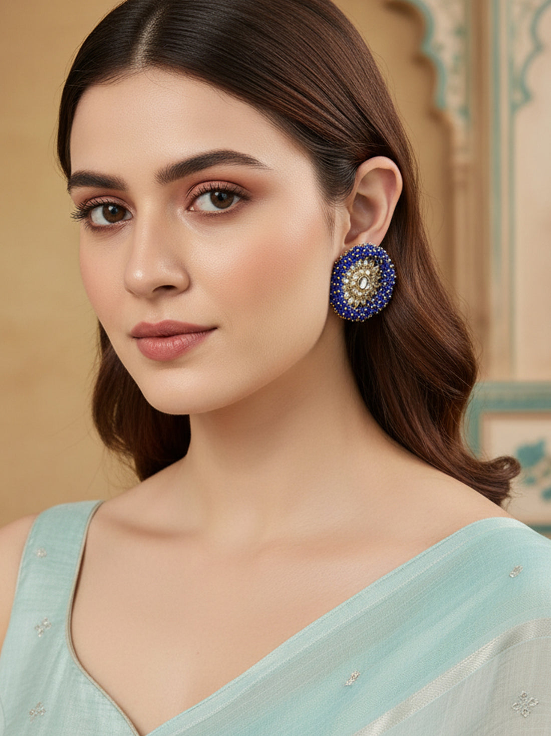 Traditional Blue Crystal Studded Gold Plated Kundan Stud Earrings