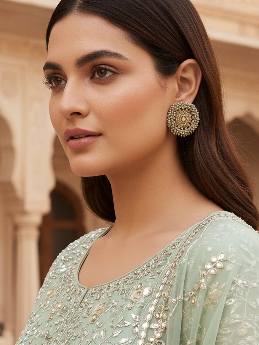 Traditional Grey Crystal Studded Gold Plated Kundan Stud Earrings