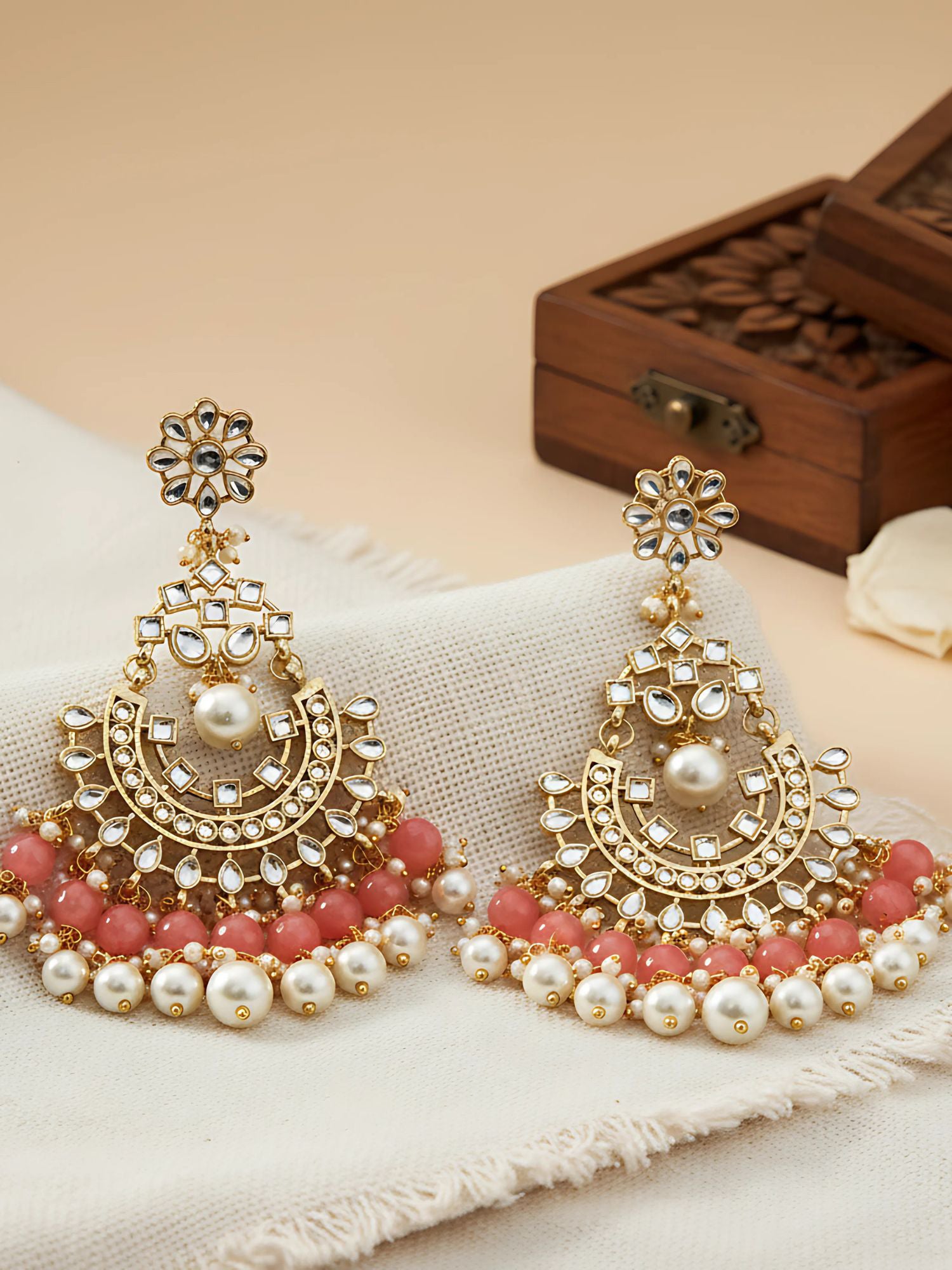 Traditional Gold Plated Peach Beads Studded Kundan Chandbali Earrings