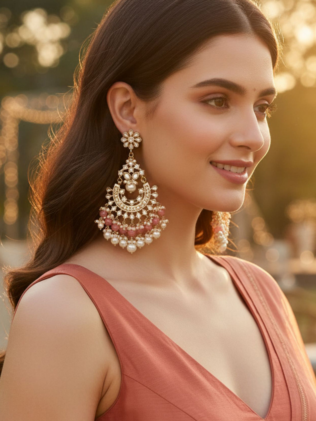 Traditional Gold Plated Peach Beads Studded Kundan Chandbali Earrings