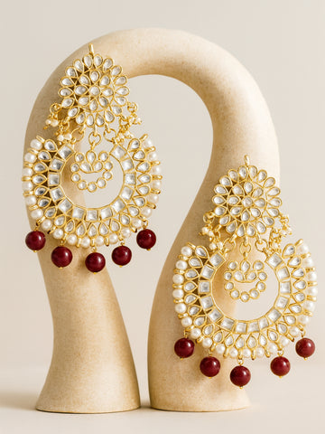 Gold Plated Red Drop Kundan Chandbali Earrings