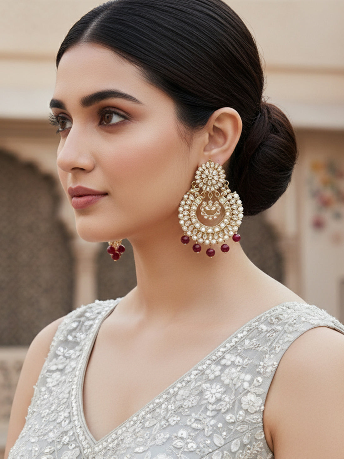 Gold Plated Red Drop Kundan Chandbali Earrings