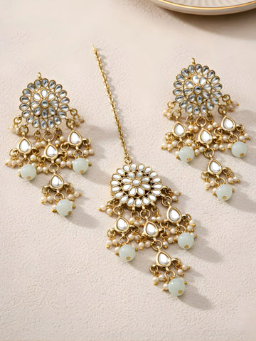 Gold Plated Embellished Light Green Kundan Tassel Earrings with Maangtikka