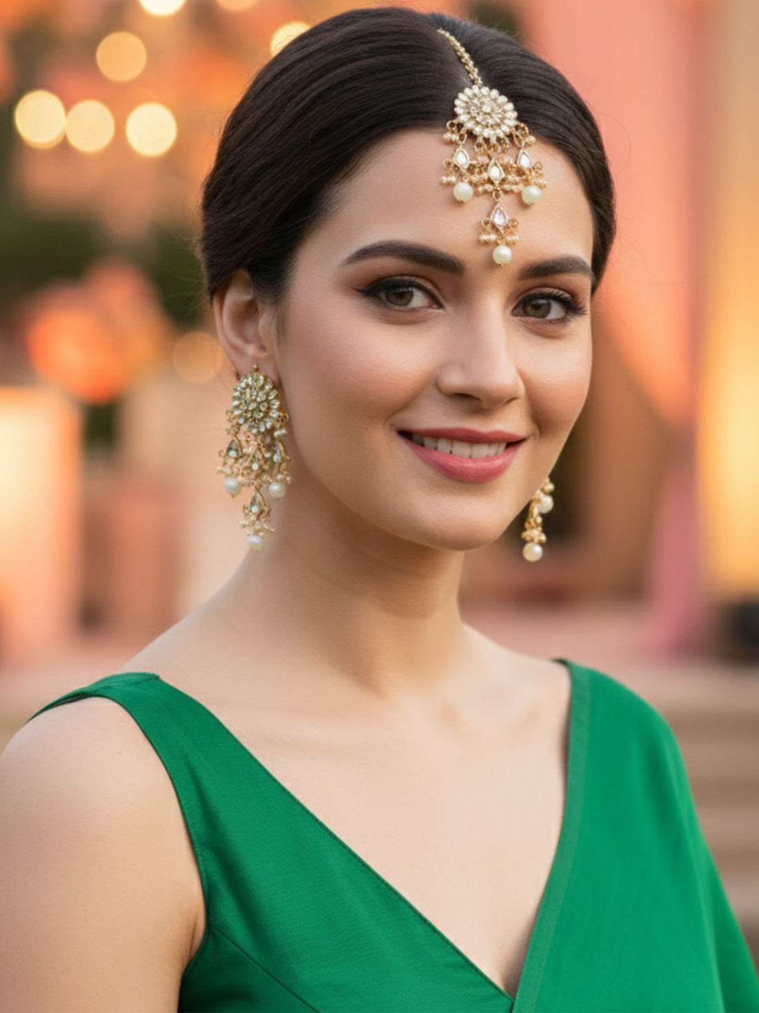 Gold Plated Embellished Light Green Kundan Tassel Earrings with Maangtikka