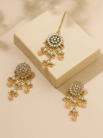 Gold Plated Embellished Peach Kundan Tassel Earrings with Maangtikka