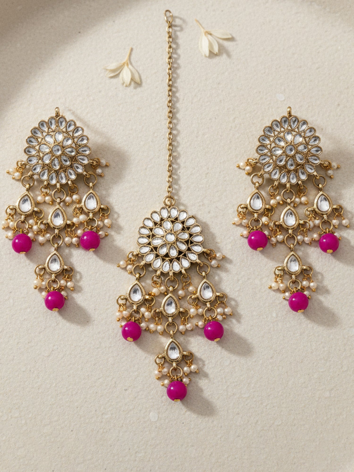 Gold Plated Embellished Pink Kundan Tassel Earrings with Maangtikka