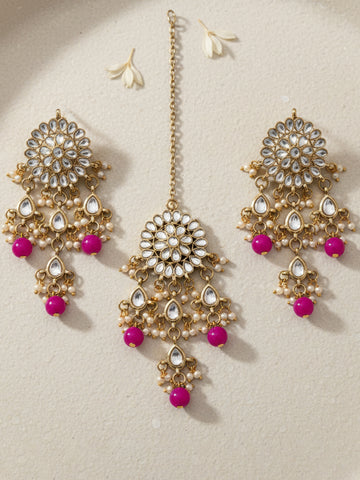 Gold Plated Embellished Pink Kundan Tassel Earrings with Maangtikka