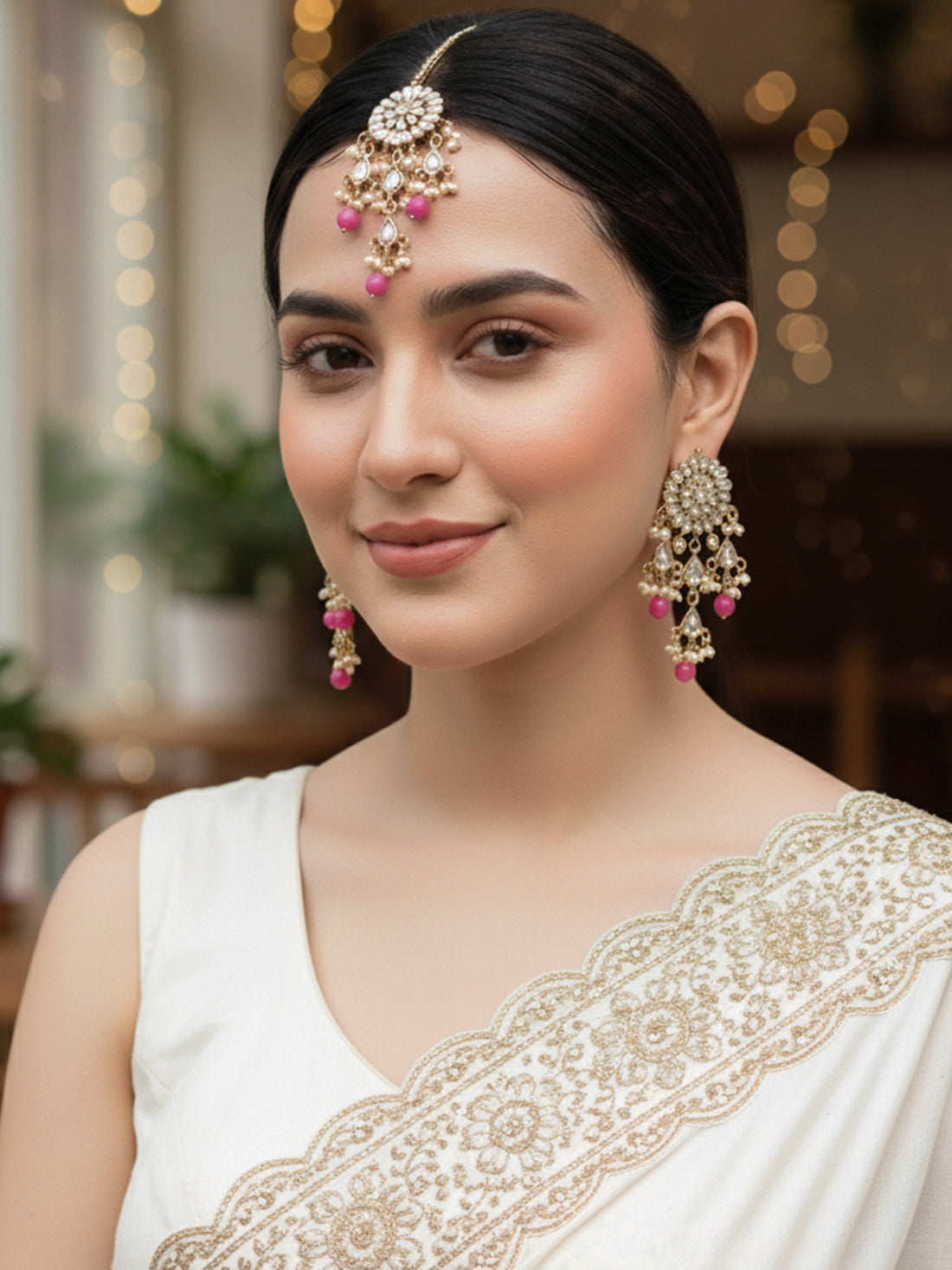 Gold Plated Embellished Pink Kundan Tassel Earrings with Maangtikka