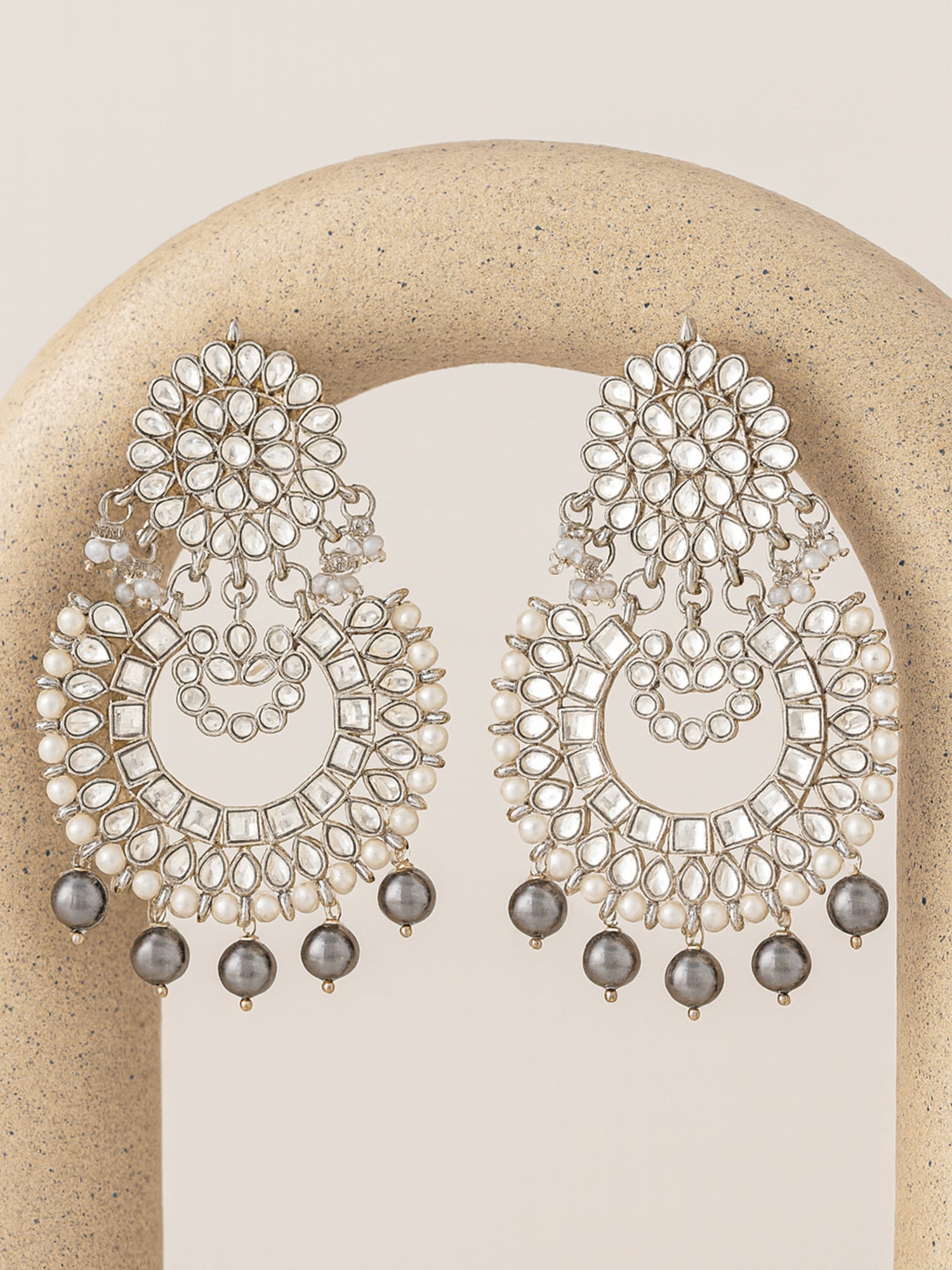 Grey Pearl Oxidised Silver Kundan Chandbali Earrings