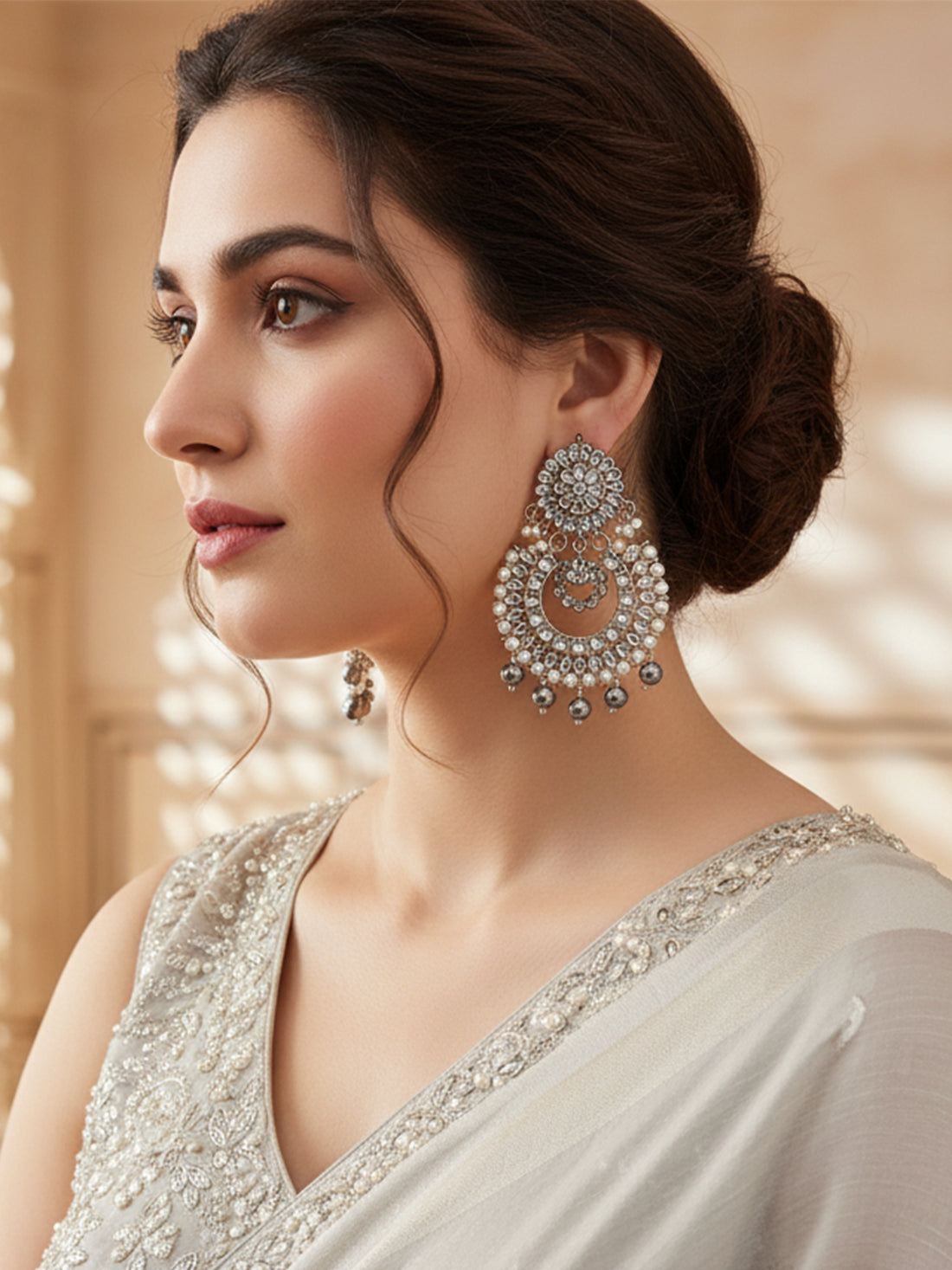 Grey Pearl Oxidised Silver Kundan Chandbali Earrings