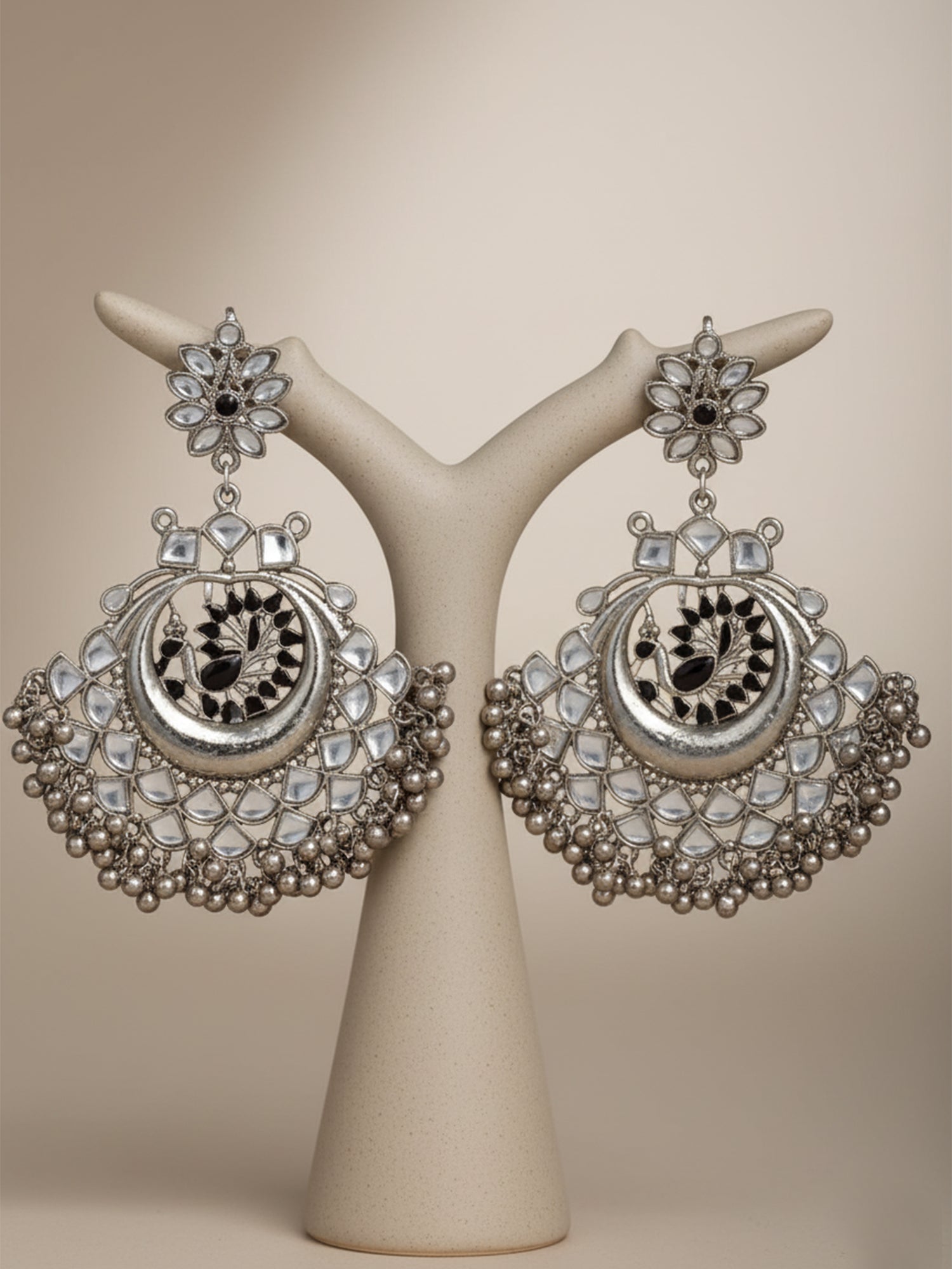 Oxidised Silver Peacock Shape Black Kundan Chandbali Earrings