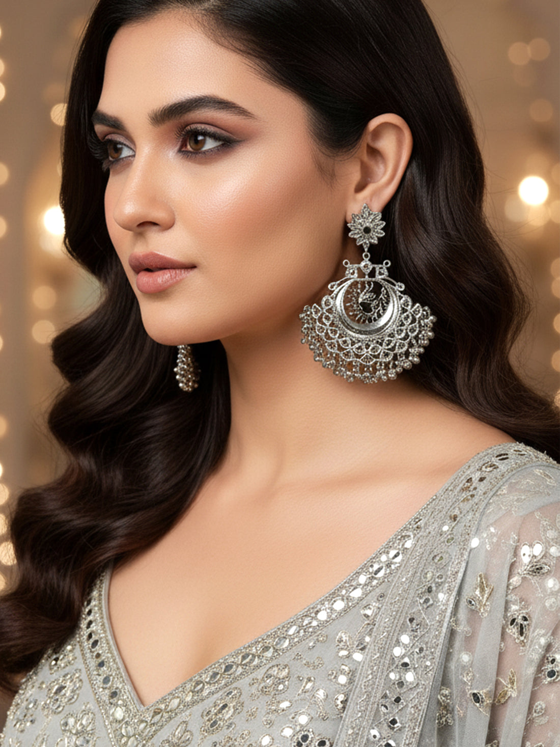 Oxidised Silver Peacock Shape Black Kundan Chandbali Earrings