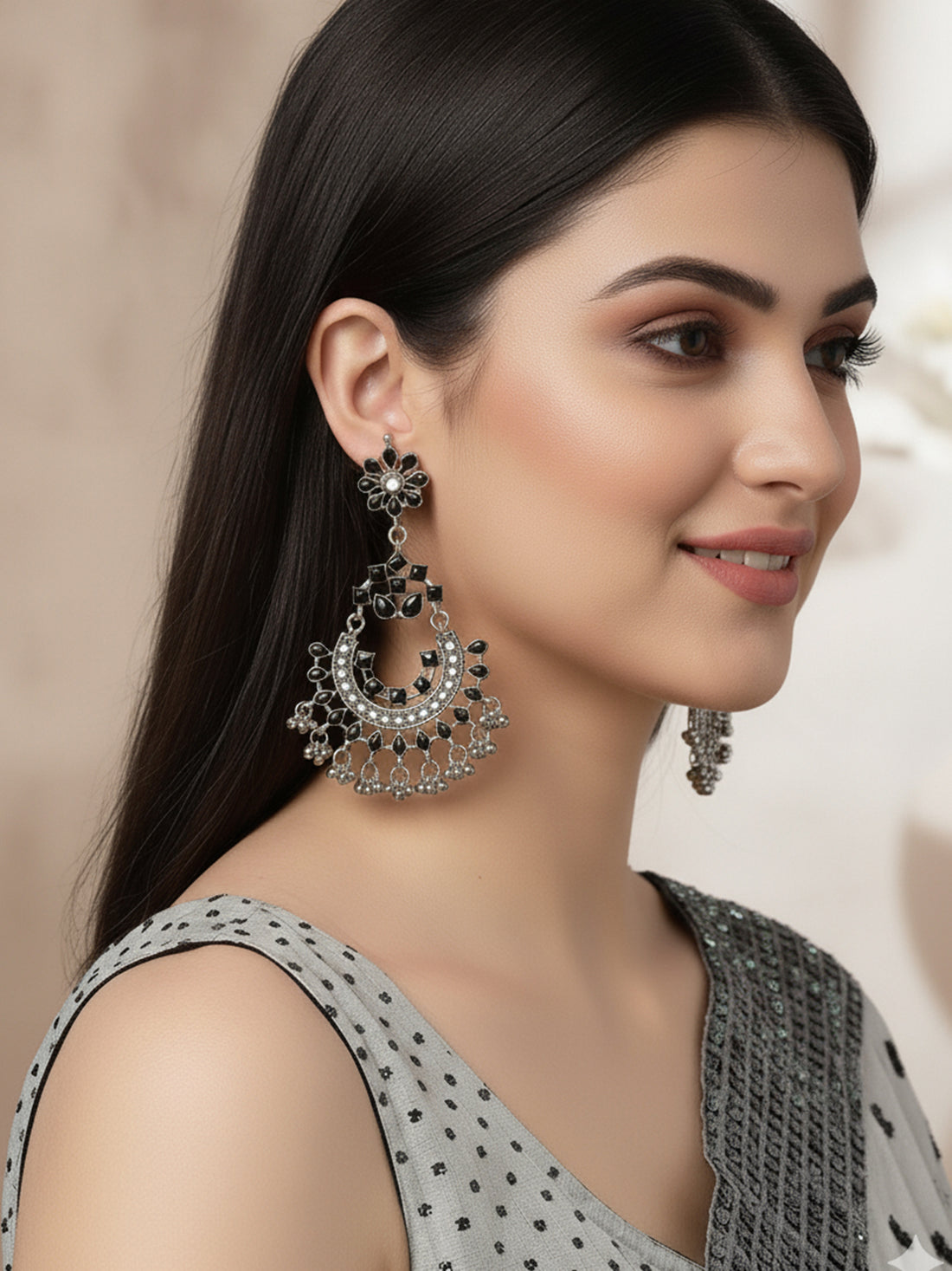 Oxidised Silver Black Kundan Studded Chandbali Earring