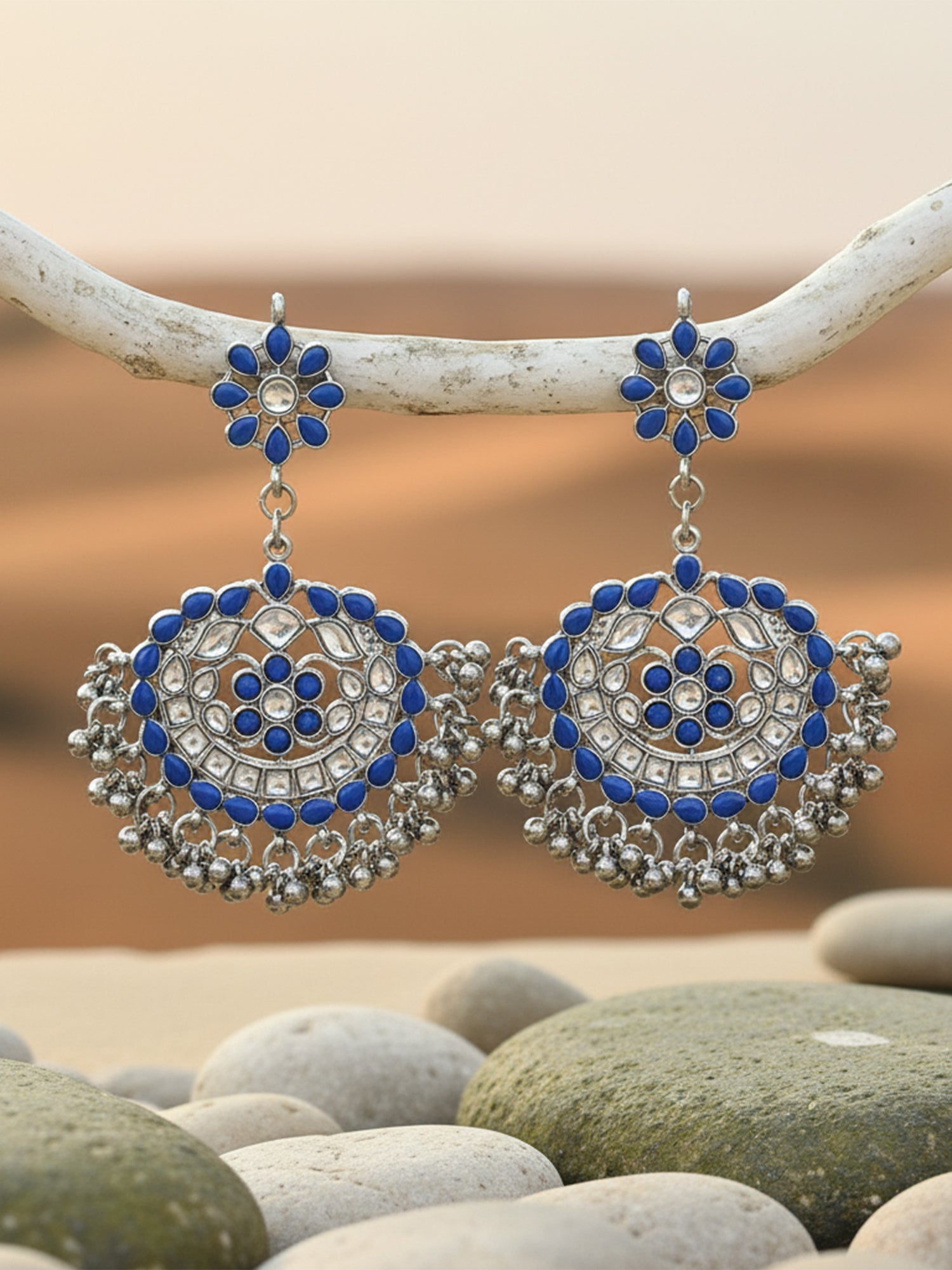 Antique Blue Kundan Studded Oxidised Silver Handcrafted Chandbali Earrings