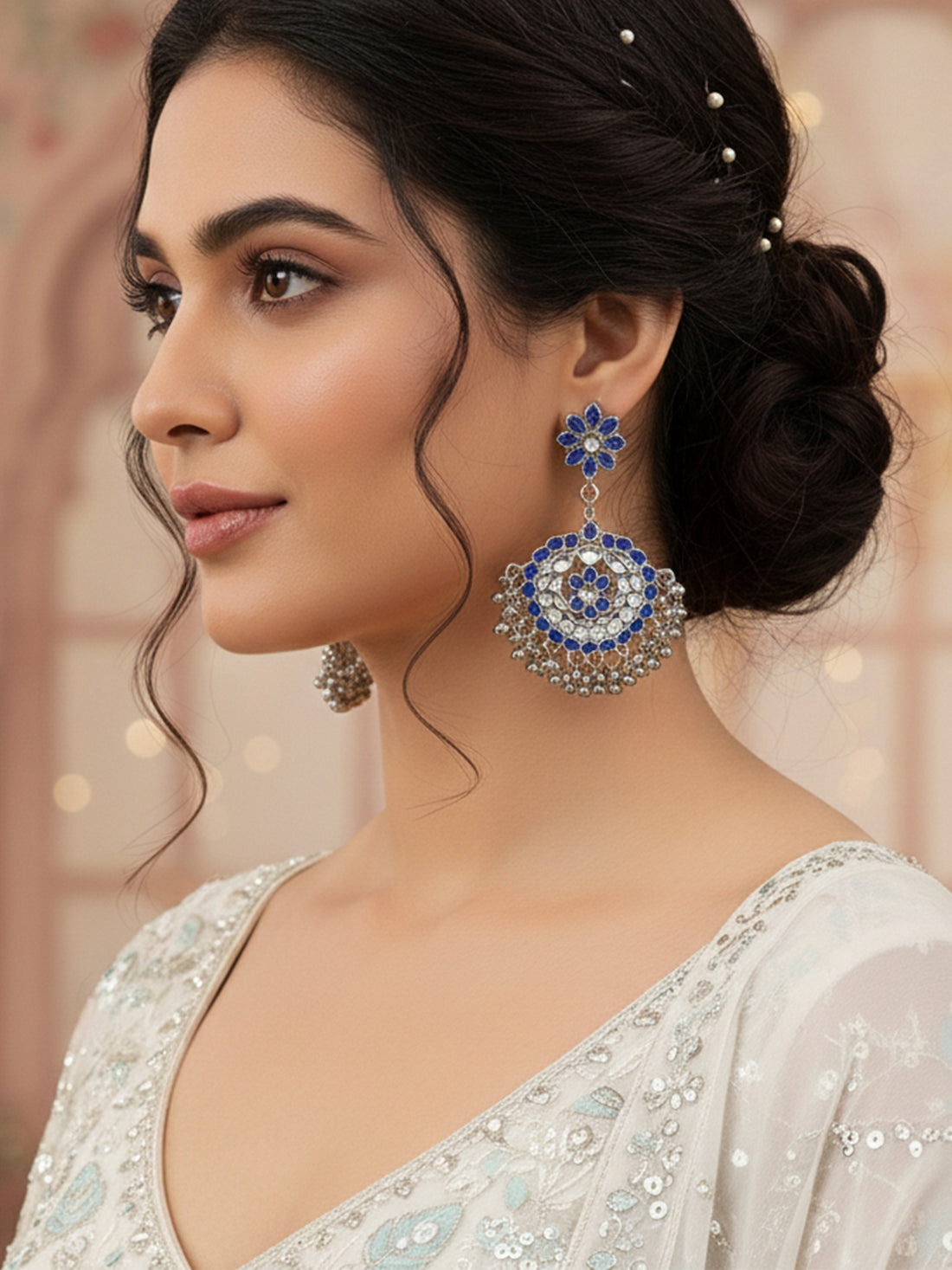 Antique Blue Kundan Studded Oxidised Silver Handcrafted Chandbali Earrings