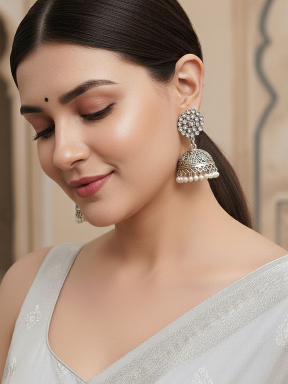 Silver-Toned Floral Jhumkas Earrings