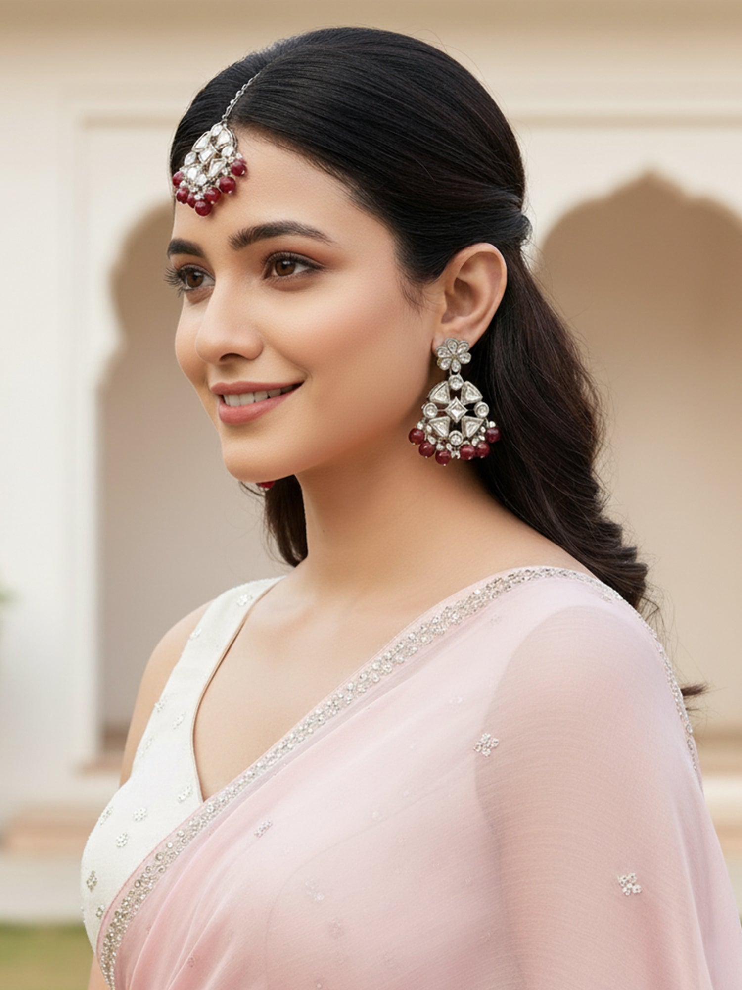 Silver-Plated & Red Beads Kundan Studded Jewellery Set