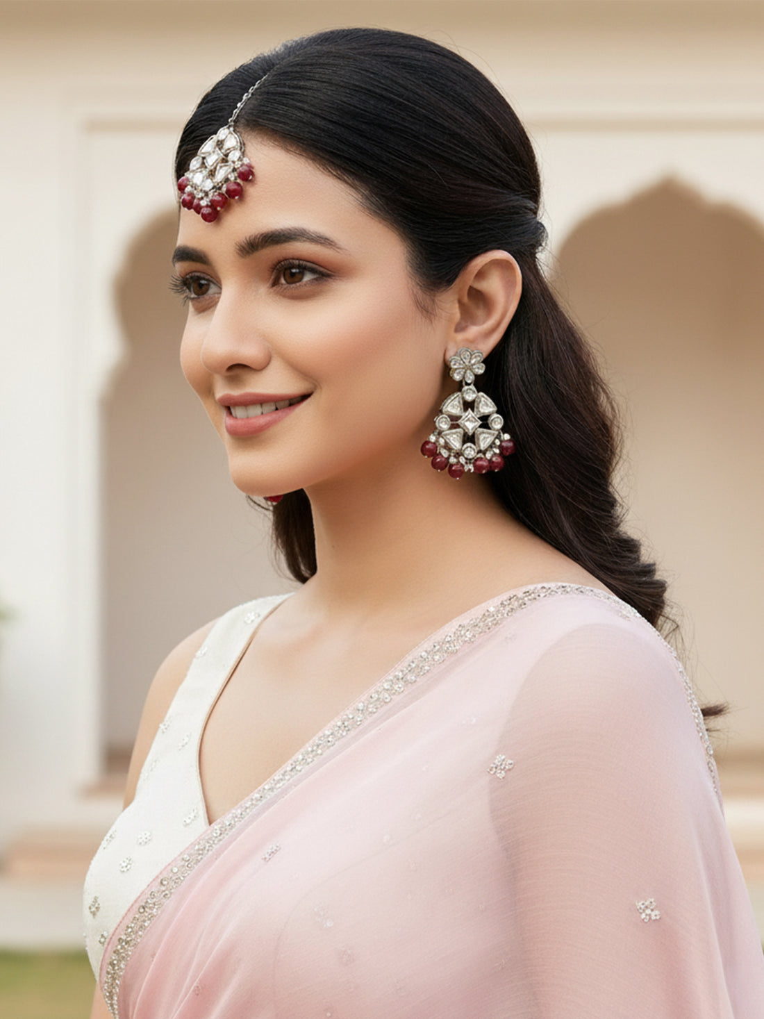 Silver-Plated & Red Beads Kundan Studded Jewellery Set