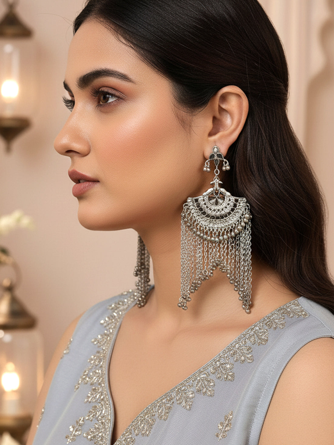 Karatcart Oxidised Silver Black Kundan Chandbali Earrings with Tasselsfor Women