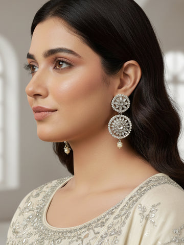 Oxidised Silver White Kundan Dangler Earrings for Women