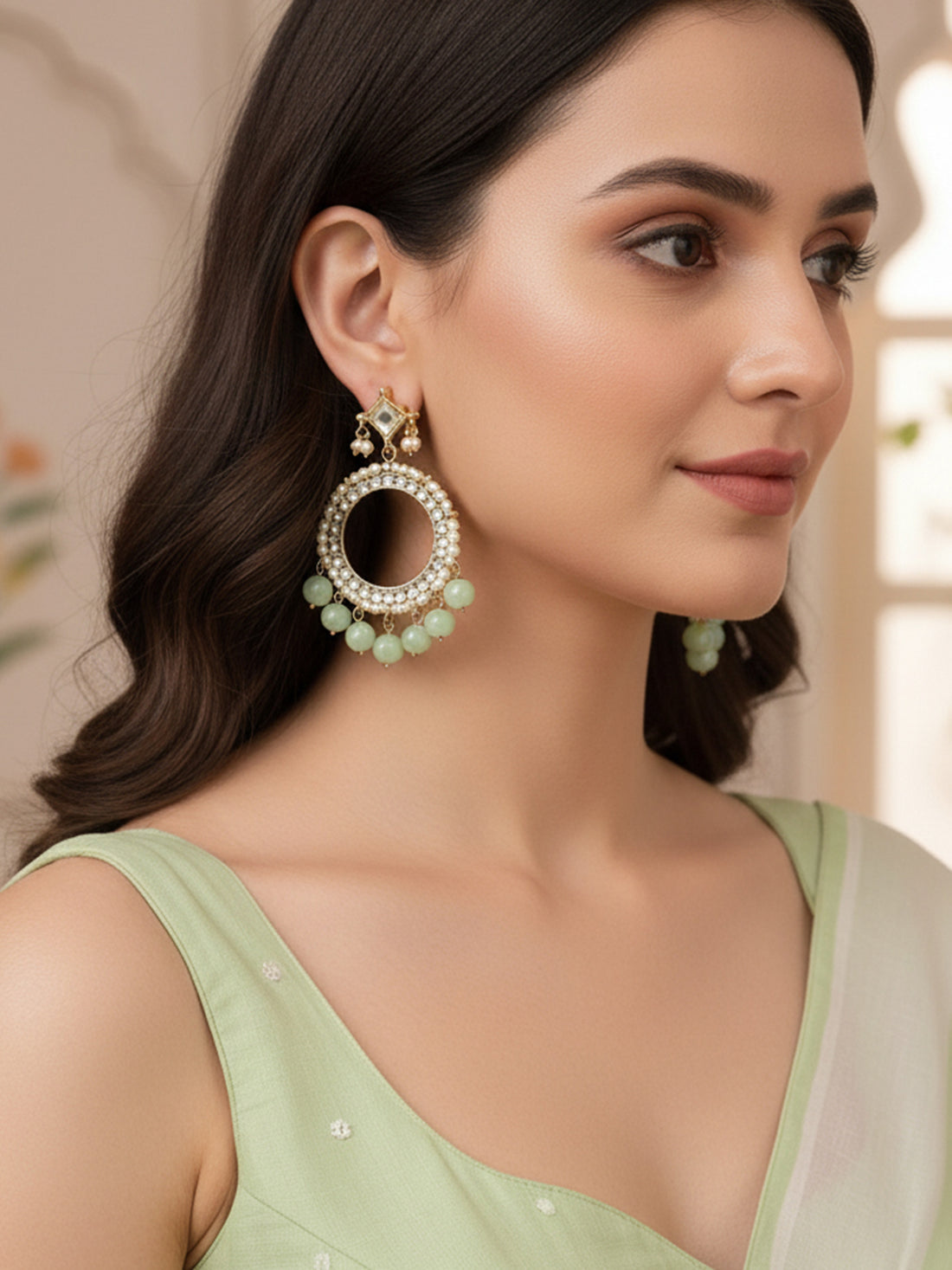 Karatcart Gold Plated Light Green Beads Kundan Hoop Earrings for Women